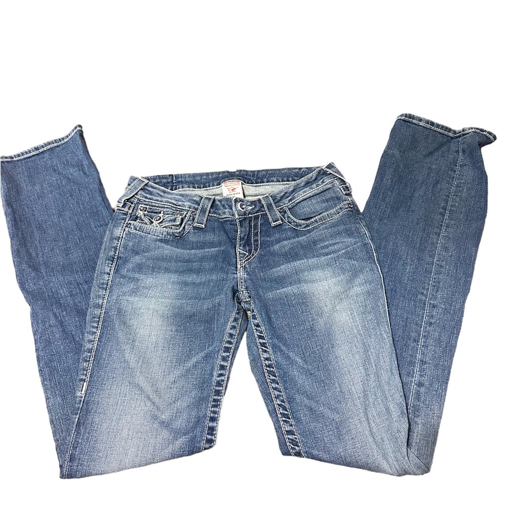 low rise bootcut jeans. Purple jewels on pockets